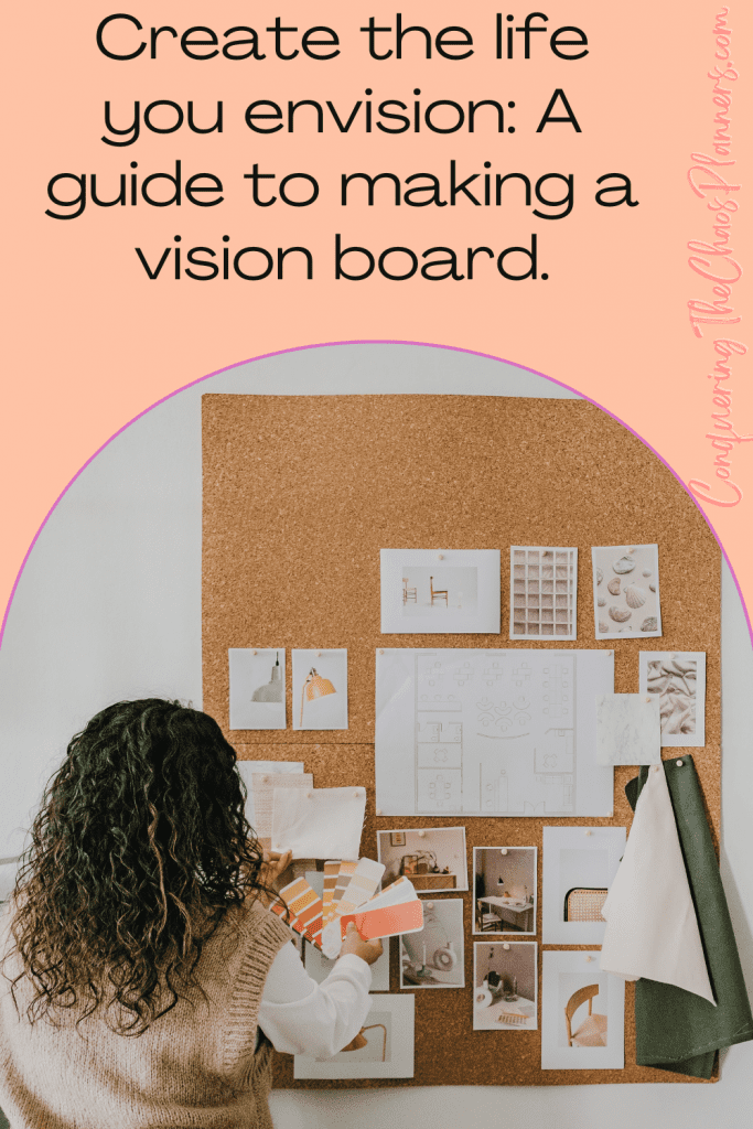 A woman crafting her Vision Board with colorful pictures and magazine swatches.