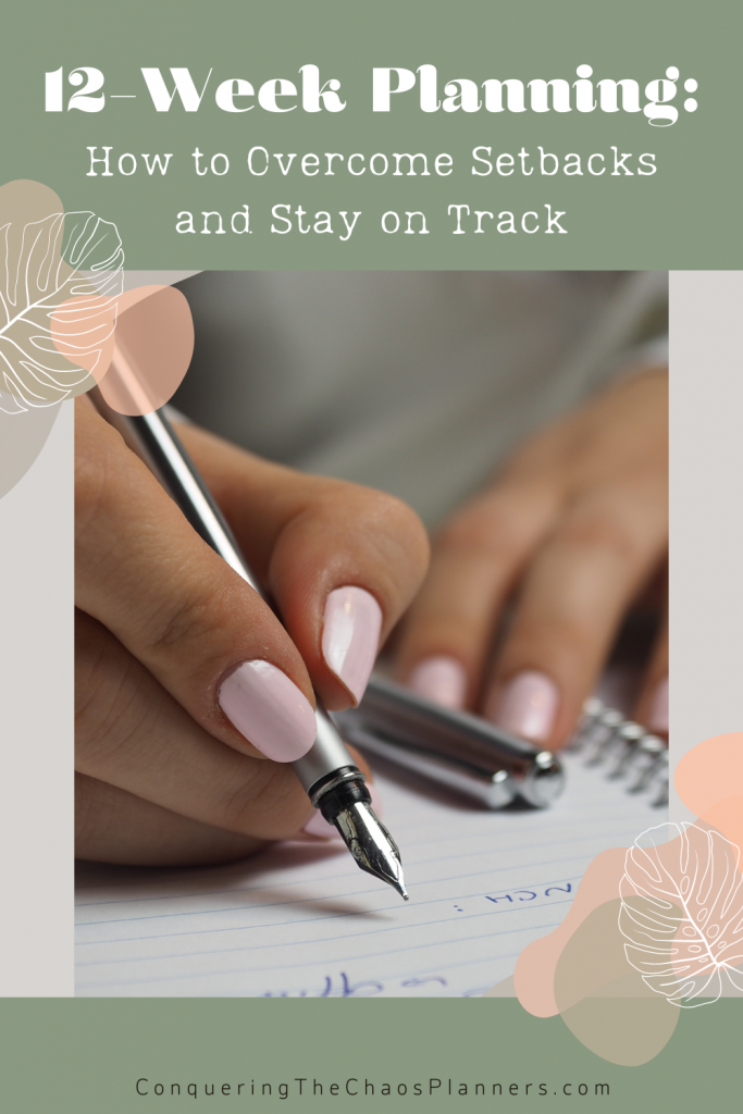 Close-up of a hand writing in a notebook, representing planning and reflection for staying focused with 12-week planning.