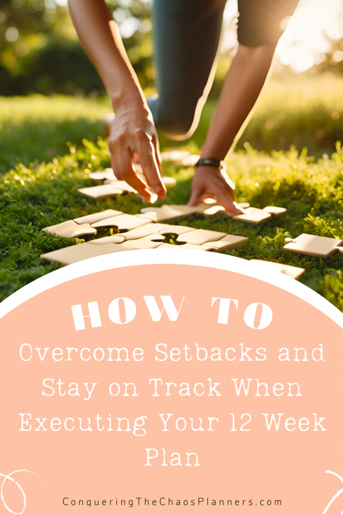 Person assembling puzzle pieces on the ground, symbolizing overcoming obstacles and staying on track with 12-week planning