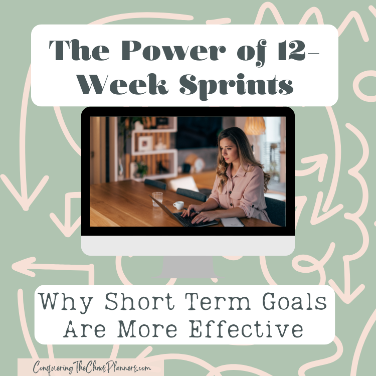The Power of 12-week sprints: why short term goals are more effective title with woman working at a computer in the evening