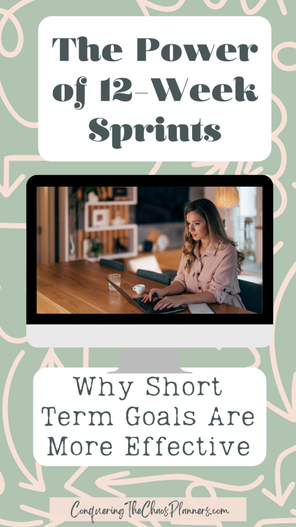 The Power of 12-Week Sprints - Why Short Term Goals Are More Effective. Woman working on laptop, with ConqueringTheChaosPlanners.com logo