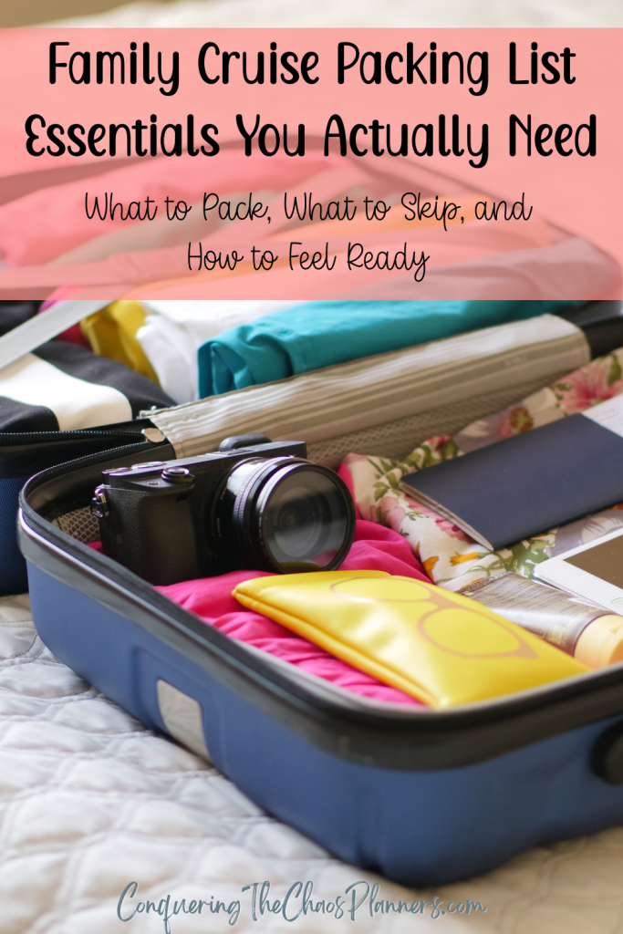 family cruise packing list essentials you actually need, open suitcase with camera, travel essentials, and packing checklist for a cruis