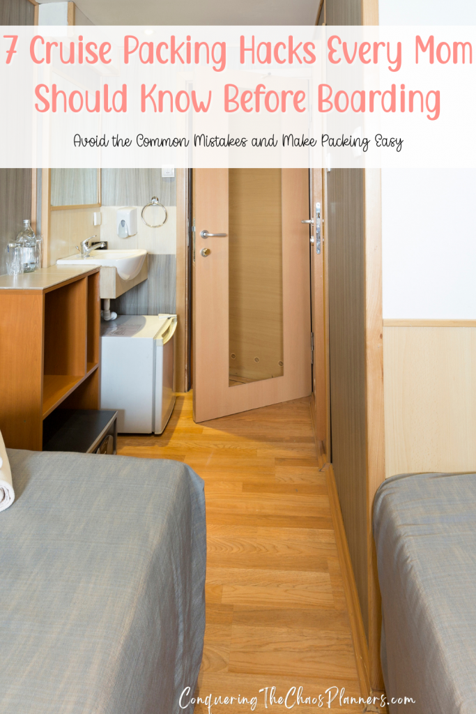 7 cruise packing hacks every mom should know before boarding, cruise stateroom room with open suitcase and packing tips