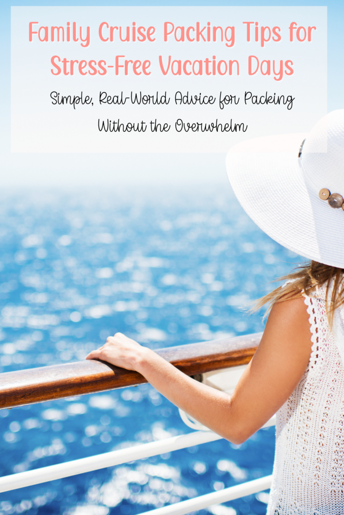 family cruise packing tips for stress-free vacation days, woman in sun hat looking out over ocean on cruise ship deck