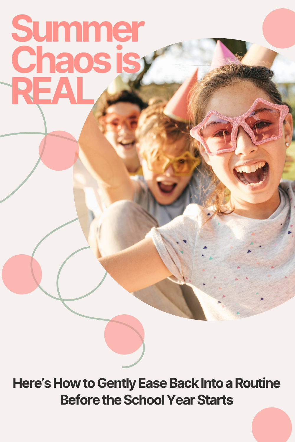 Cheerful children in bright summer gear with text promoting tips for moms to get back to routine before school begins.
