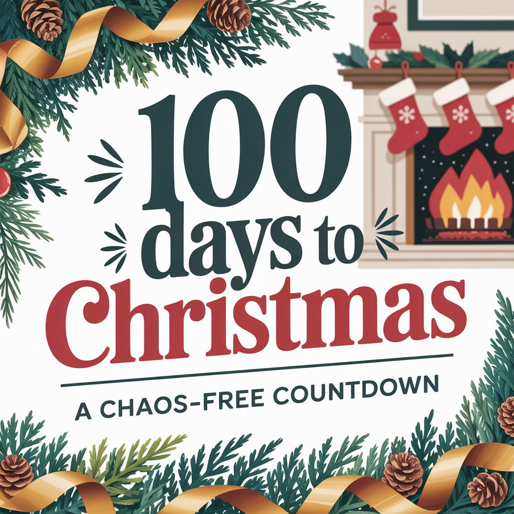 Festive Christmas graphic with greenery, pinecones, gold ribbon, and a cozy fireplace with stockings, featuring the text “100 Days to Christmas – A Chaos-Free Countdown.