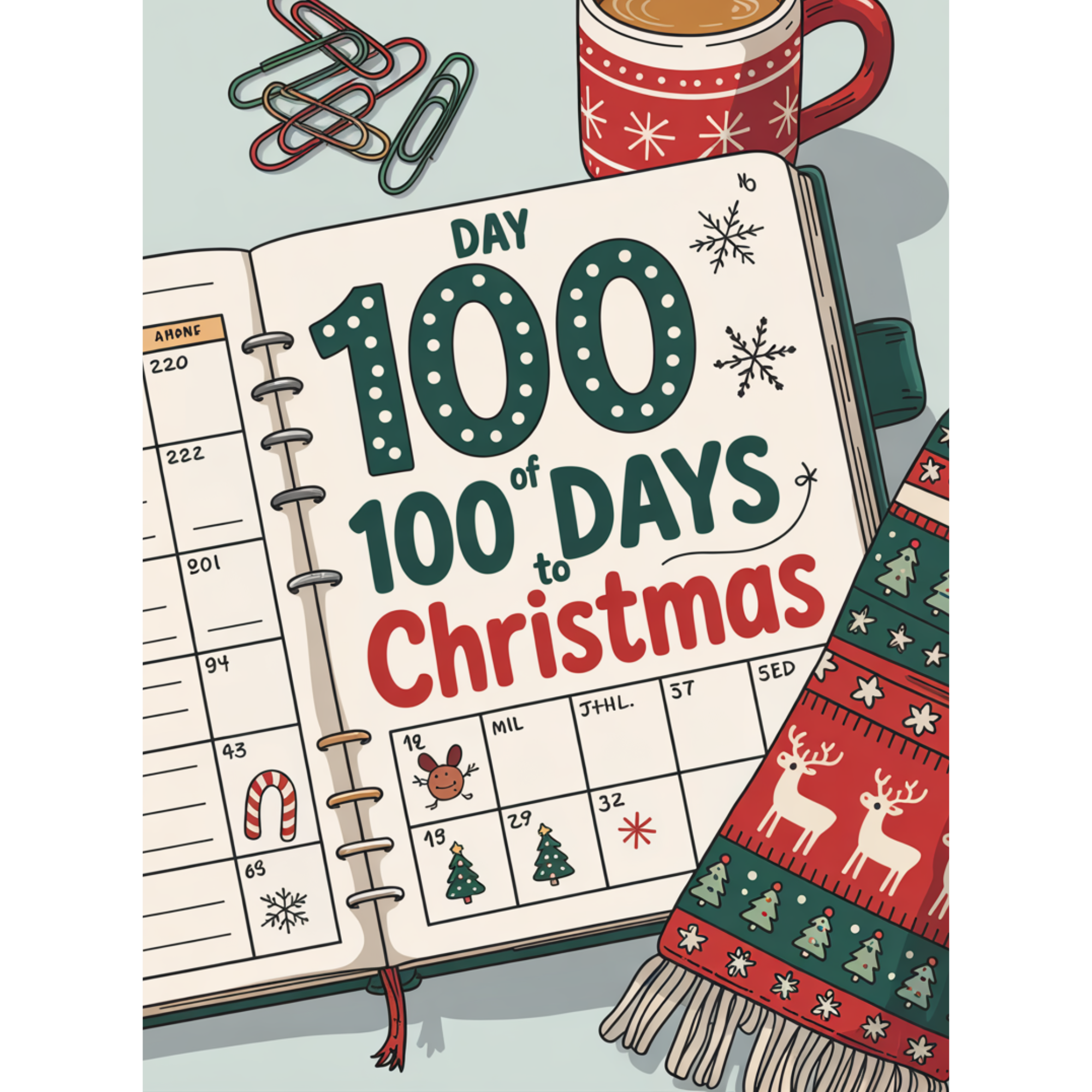 Festive flat lay of a Christmas planner on Day 100 countdown, with cozy coffee, paperclips, and holiday-themed decorations.