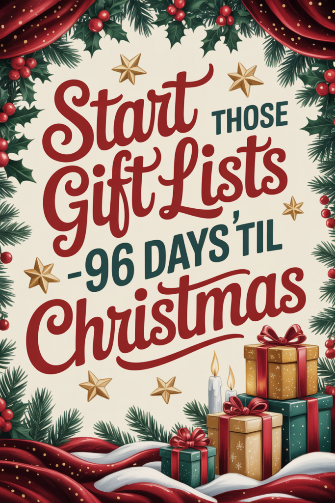 Festive holiday graphic with wrapped Christmas gifts, candles, and greenery that reads “Start Those Gift List – 96 Days ’Til Christmas.