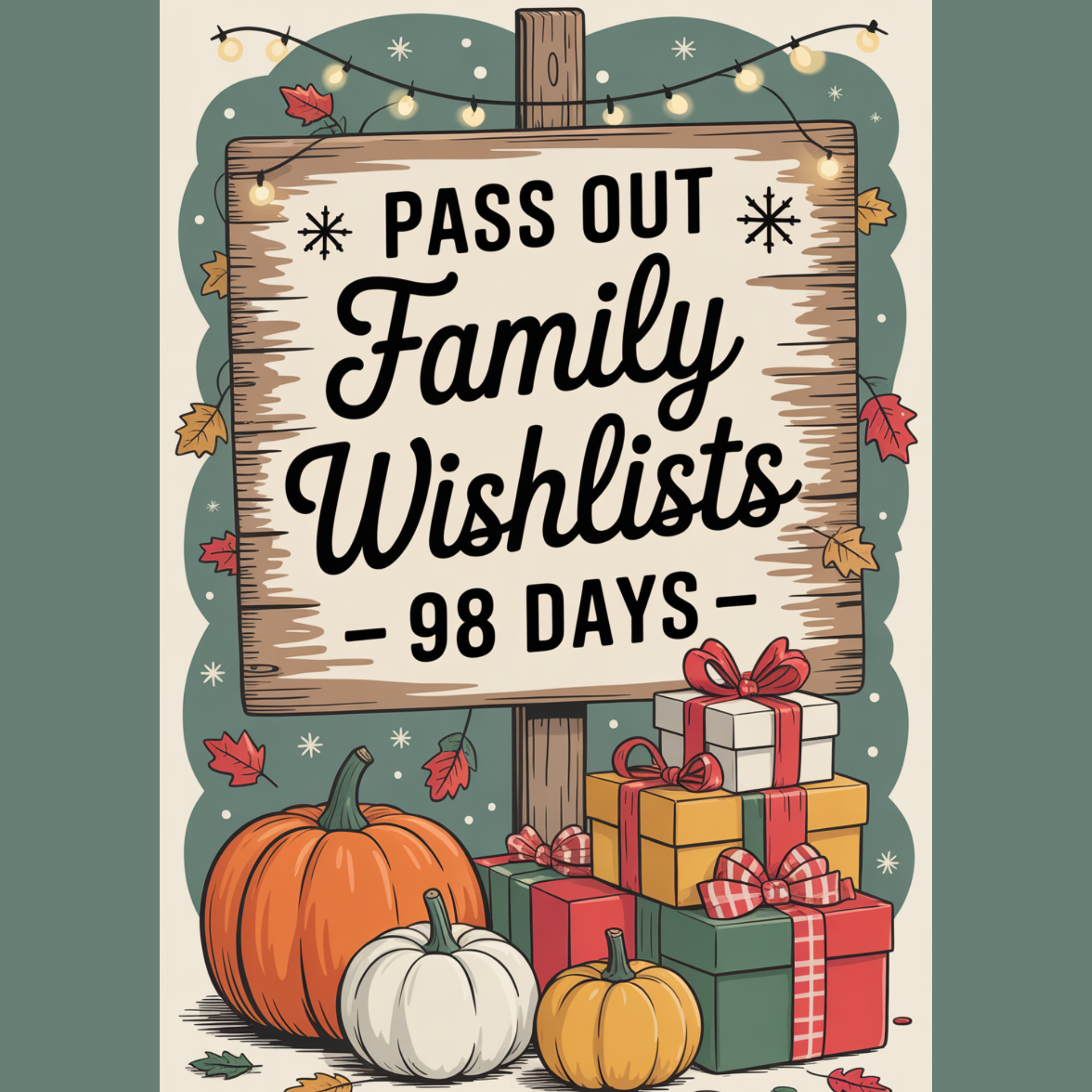Illustrated Christmas wishlist countdown sign with wrapped presents, pumpkins, autumn leaves, and the reminder to pass out family wishlists.