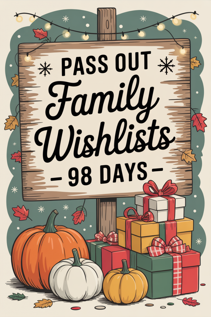 Festive holiday sign with pumpkins, gifts, and the text ‘Pass Out Family Wishlists – 98 Days,’ promoting Christmas wishlist planning.
