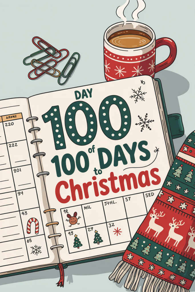 Open Holiday planner showing Day 100 of 100 Days to Christmas with festive doodles, coffee mug, and holiday sweater.