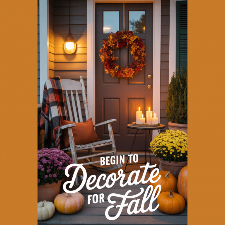 A cozy front porch decorated for fall with pumpkins, mums, and a rustic wreath, capturing the start of seasonal decorating for autumn.