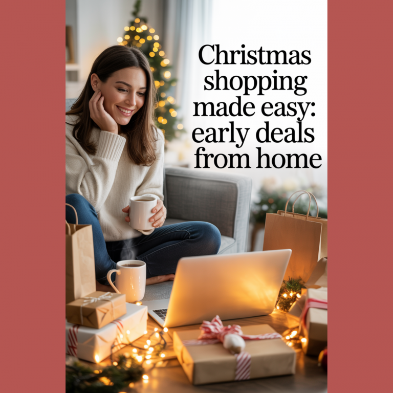 Cozy Christmas shopping scene with coffee, presents, and festive lights while browsing holiday deals from home.