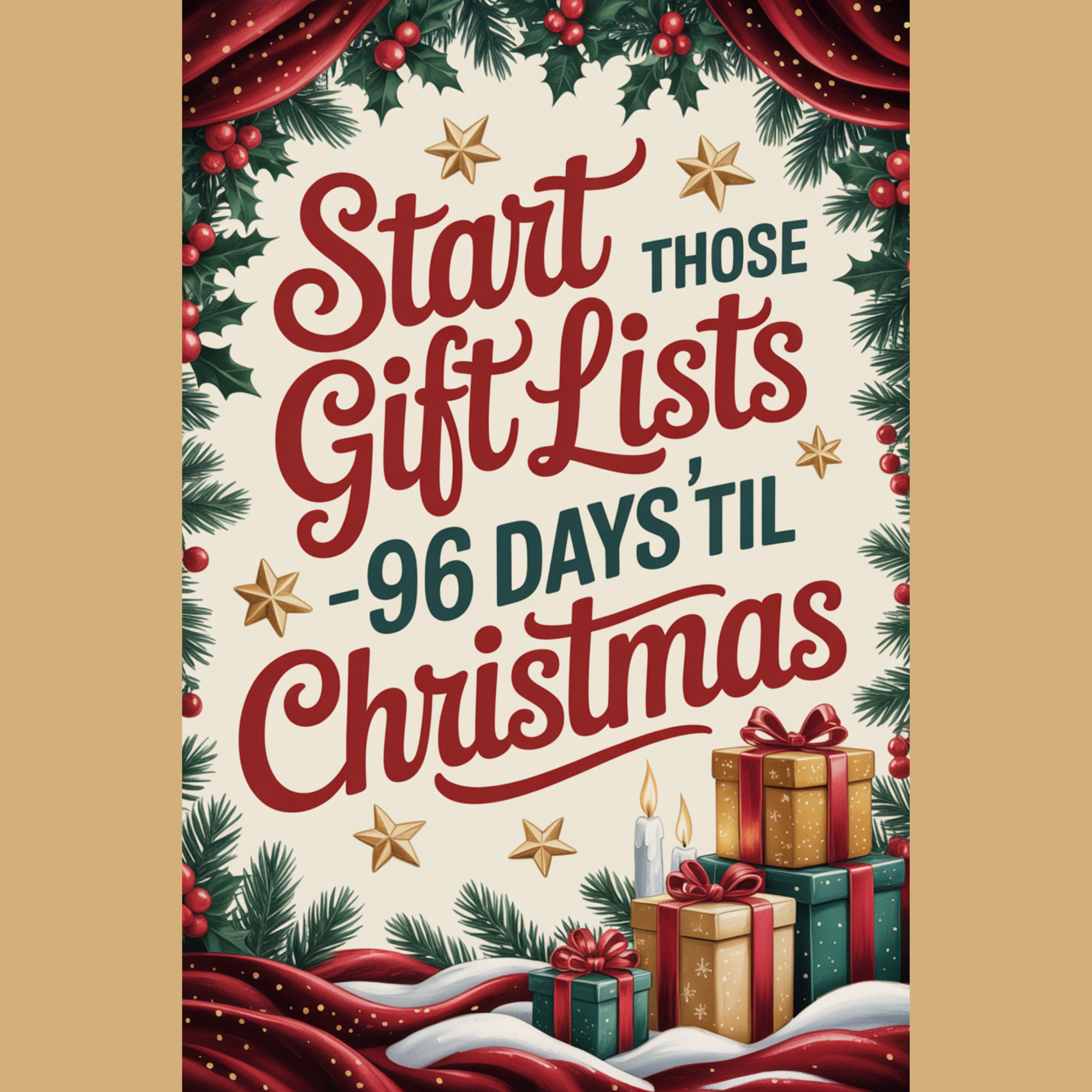 Christmas countdown image featuring holly, stars, and presents with the text “Start Those Gift List – 96 Days ’Til Christmas.
