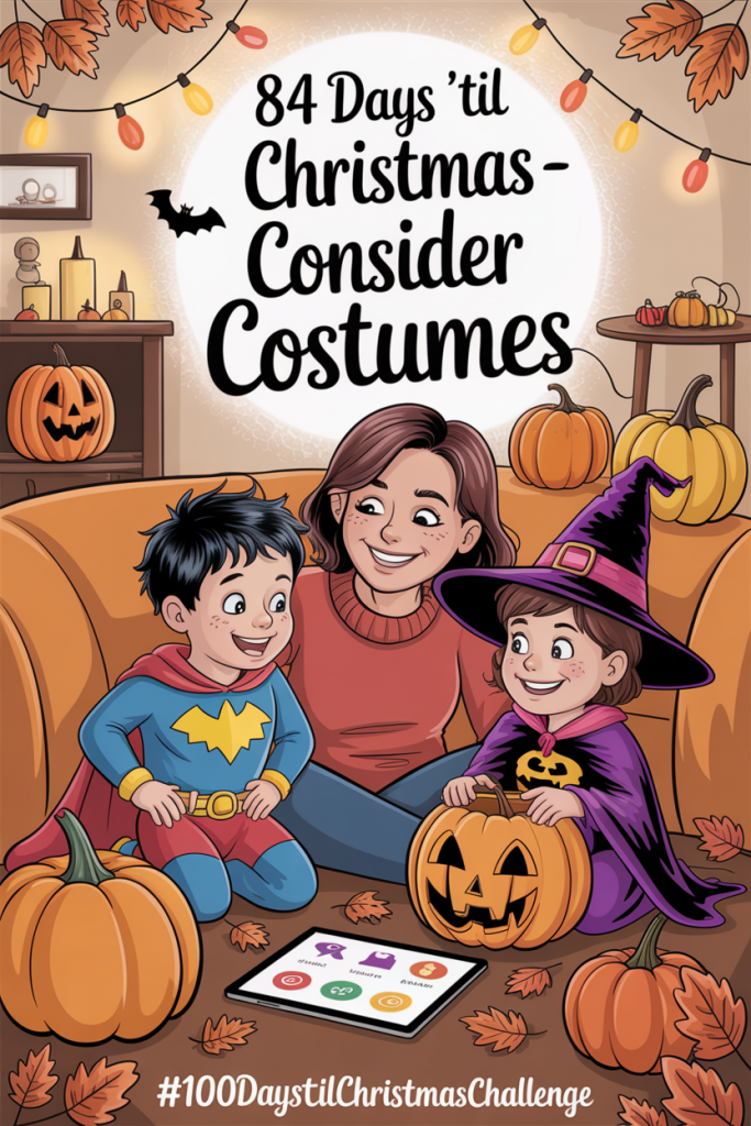 Illustrated family trying on halloween costumes with pumpkins and fall decor in the background.