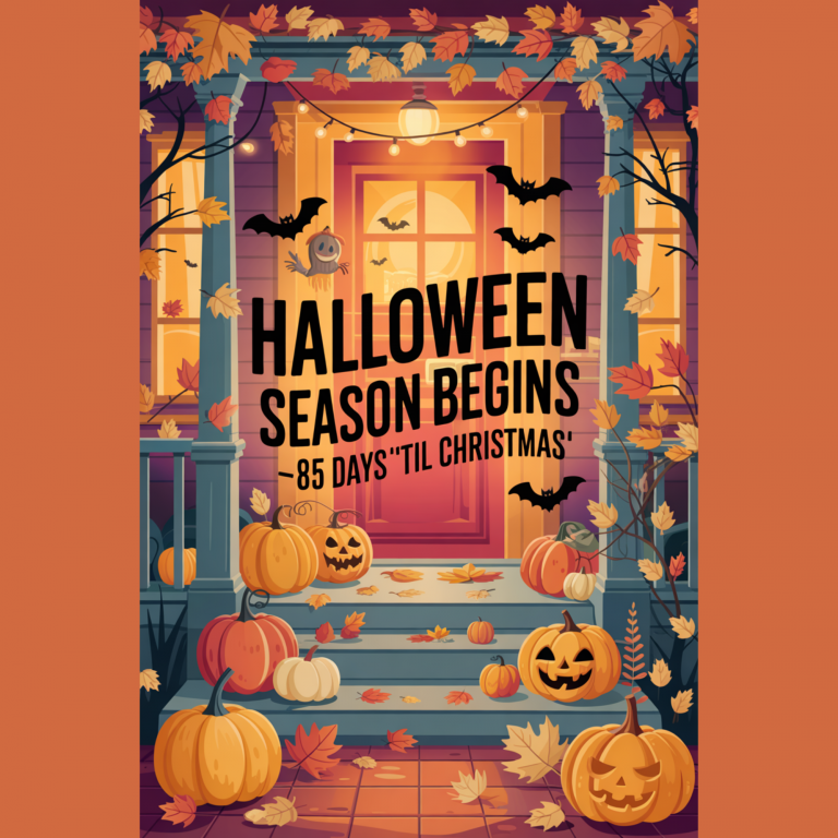 Spooky yet cozy Halloween-themed illustration with pumpkins, bats, and autumn leaves, text overlay says “Halloween Season Begins – 85 Days 'Til Christmas.”