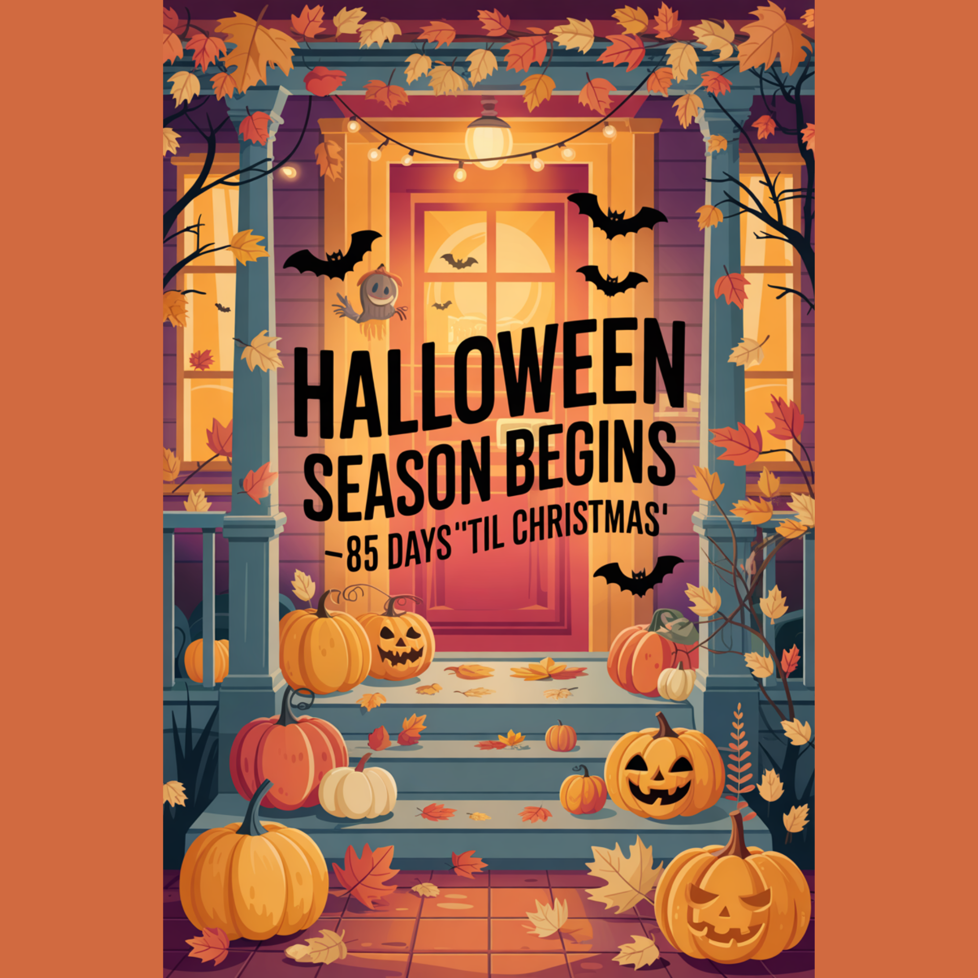 Spooky yet cozy Halloween-themed illustration with pumpkins, bats, and autumn leaves, text overlay says “Halloween Season Begins – 85 Days 'Til Christmas.”