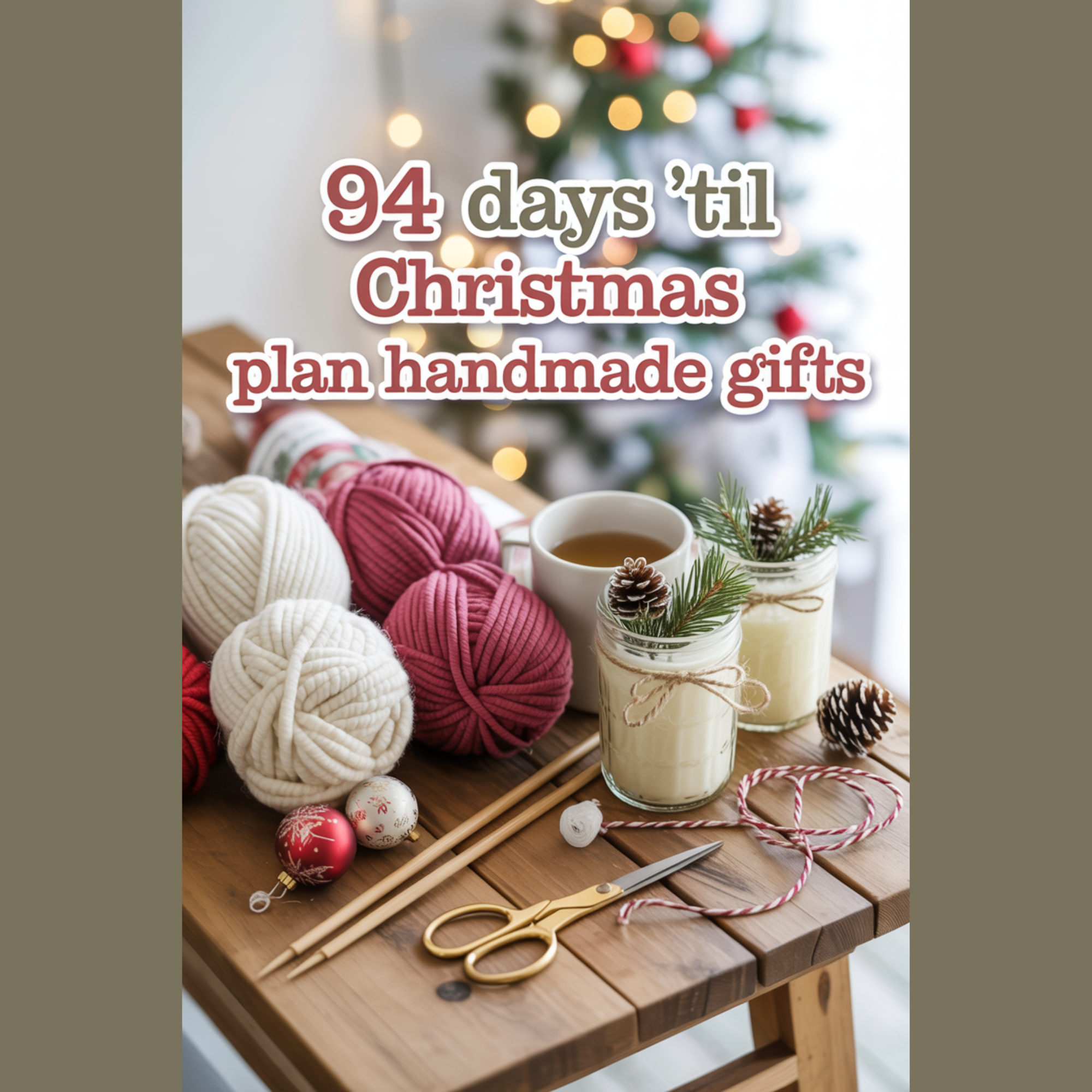 Christmas crafting scene with yarn balls, knitting needles, candles in mason jars, holiday ornaments, and twine on a wooden table with festive lights and a decorated tree in the background. Text overlay reads “94 days ’til Christmas – plan handmade gifts.