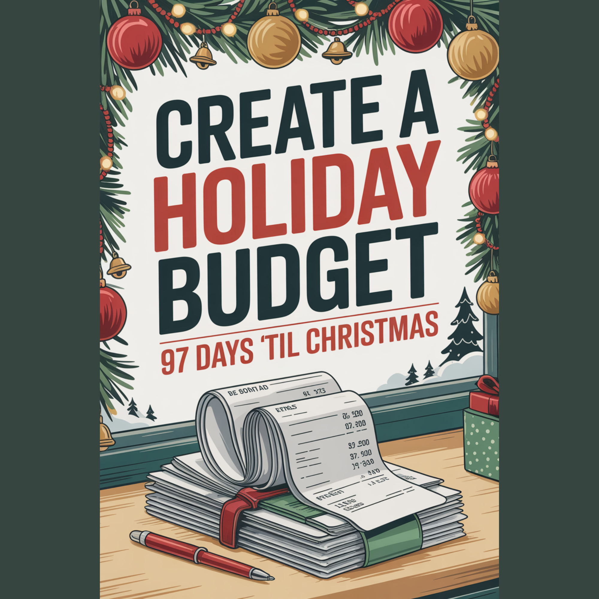 Create a holiday budget - 97 days til christmas. with festive garland border and receipts wrapped in ribbon on a table