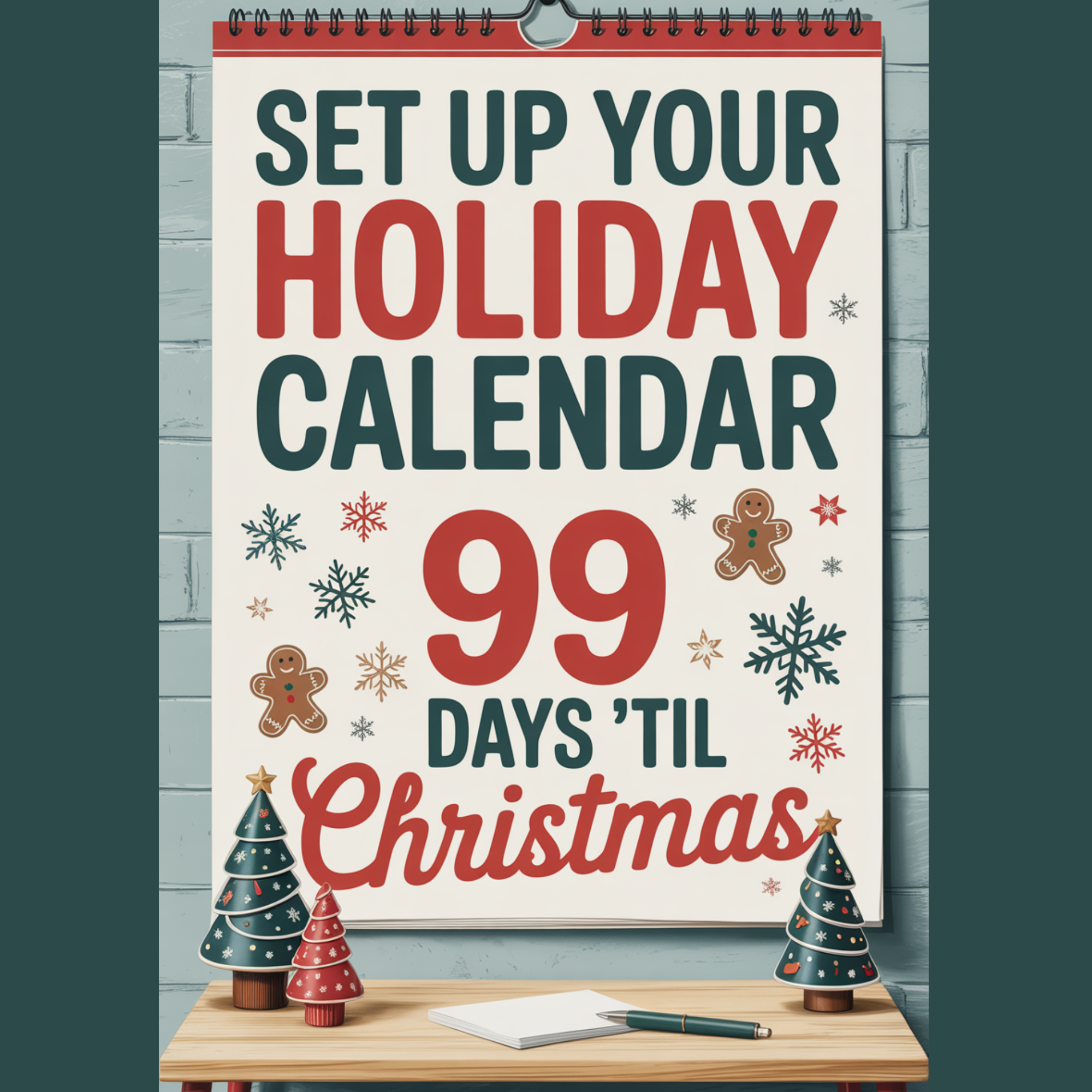 Holiday Calendar sitting on a table with text that says "Set Up Your Holiday Calendar - 99 Days 'til Christmas