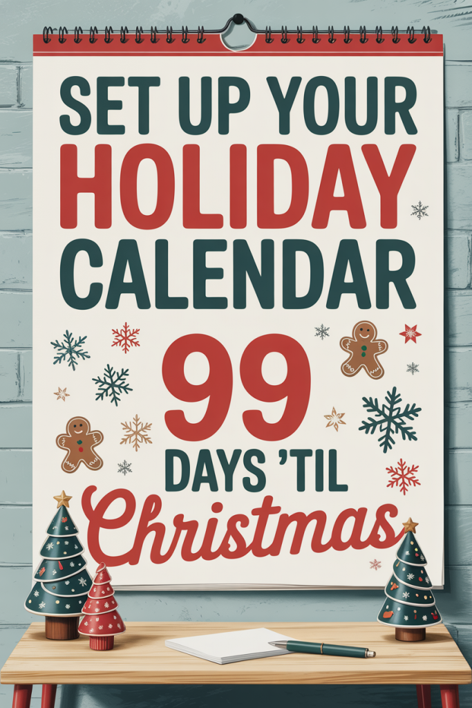 Festive wall holiday calendar reminder with bold text reading ‘Set Up Your Holiday Calendar – 99 Days ’Til Christmas,’ decorated with snowflakes, gingerbread cookies, and mini Christmas trees