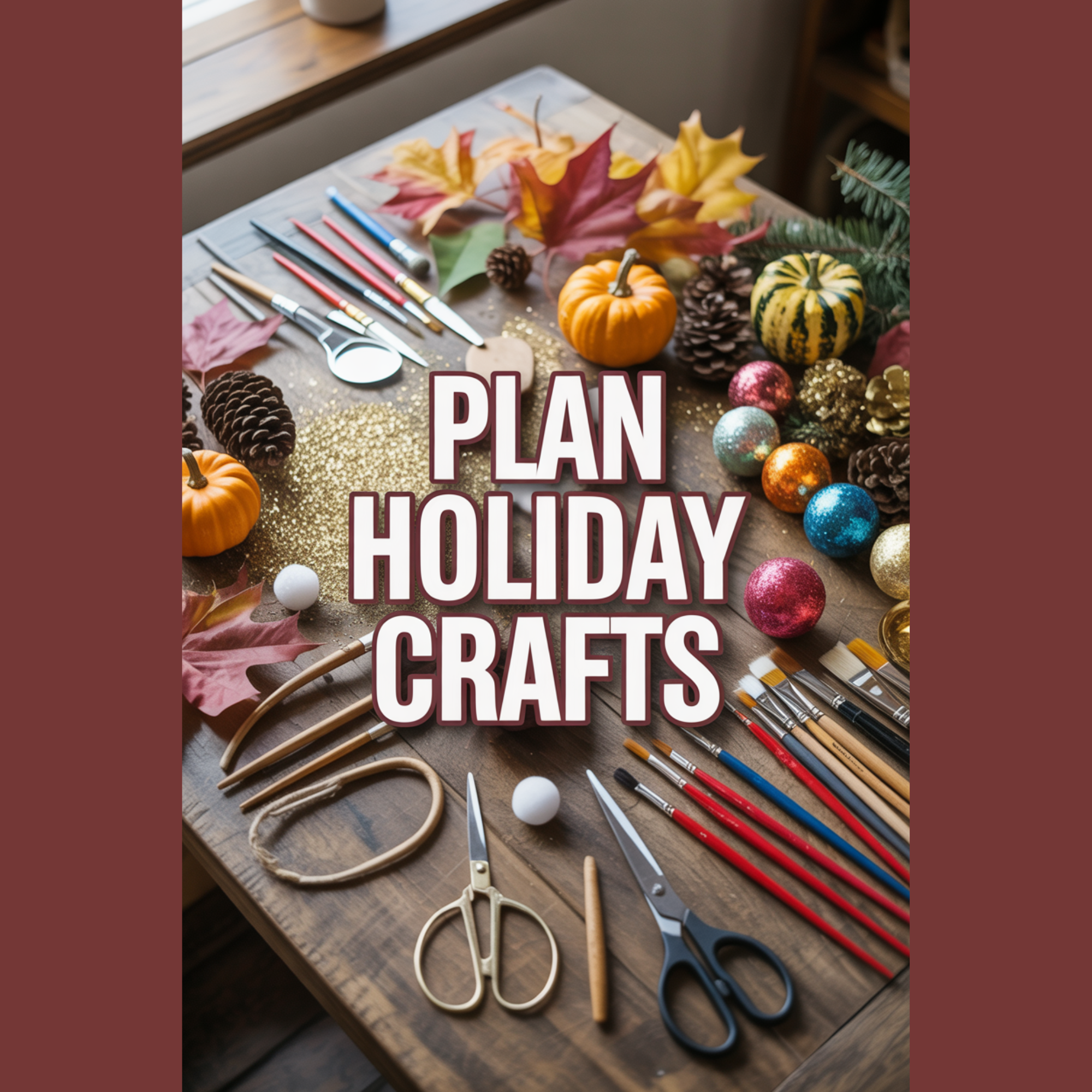 DIY holiday crafts setup with glitter, paintbrushes, paper cutouts, and festive décor pieces for Halloween, Thanksgiving, and Christmas.