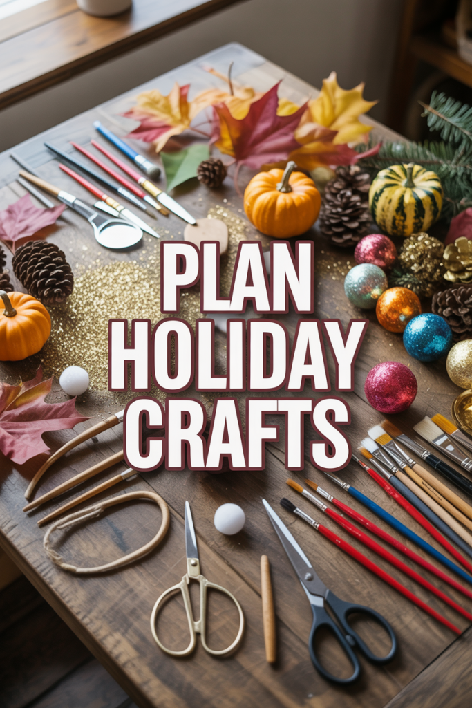 Flat lay of holiday crafts supplies including pumpkins, pinecones, ornaments, and scissors arranged on a rustic wooden table.”