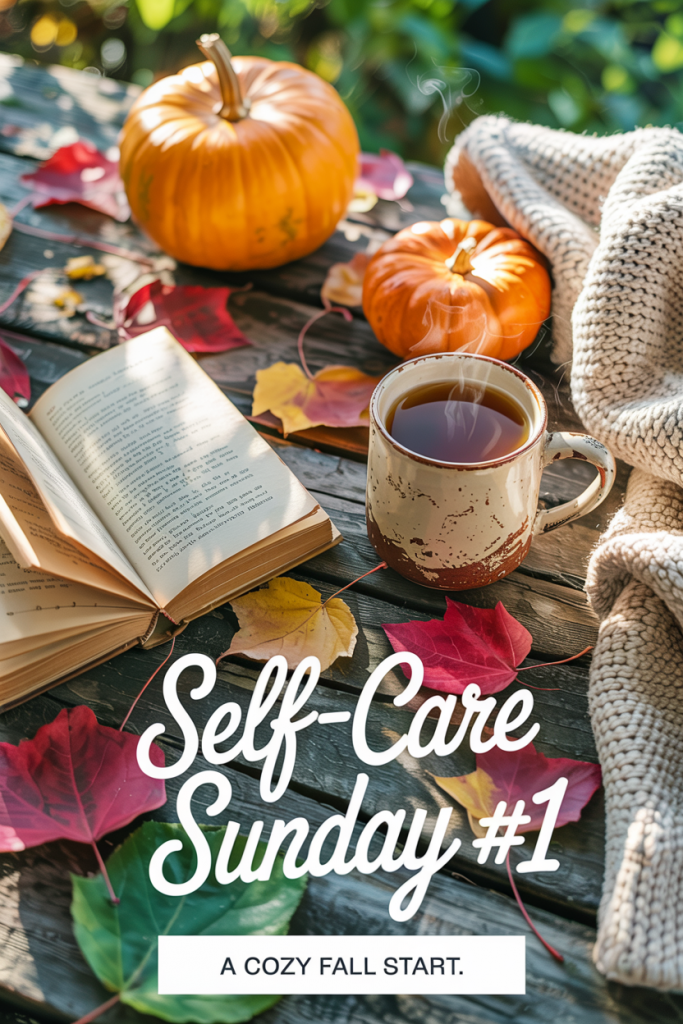 “A cozy flat lay with an open book, a warm mug of tea, a knit blanket, autumn leaves, and a pumpkin, with text overlay reading ‘Self-Care Sunday #1: A Cozy Fall Start.