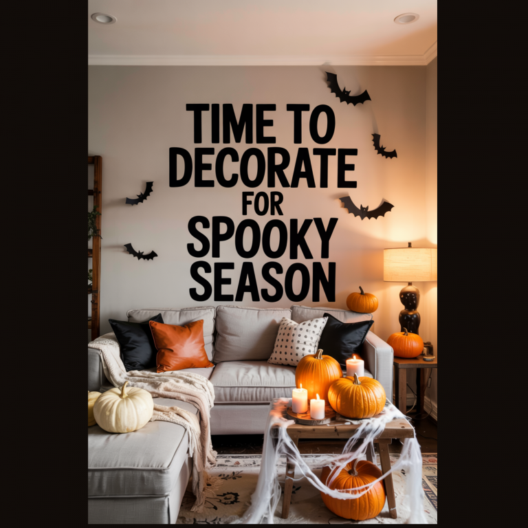 Halloween-themed home décor featuring pumpkins, black bats on the wall, glowing candles, and cozy accents, styled with a text overlay that says “Spooky Season Decorating Ideas."