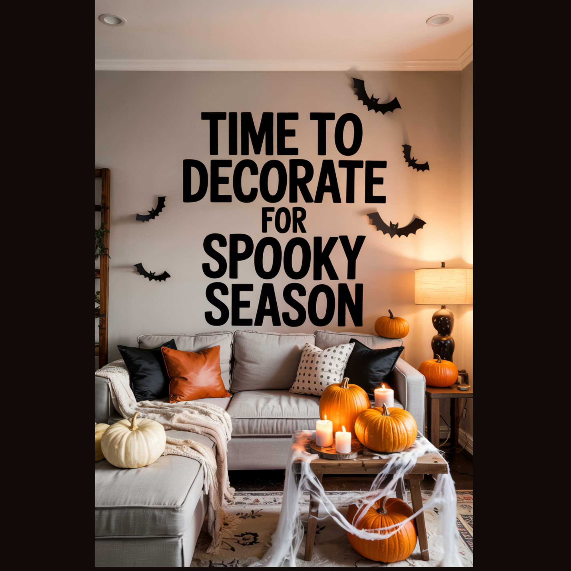 Halloween-themed home décor featuring pumpkins, black bats on the wall, glowing candles, and cozy accents, styled with a text overlay that says “Spooky Season Decorating Ideas."