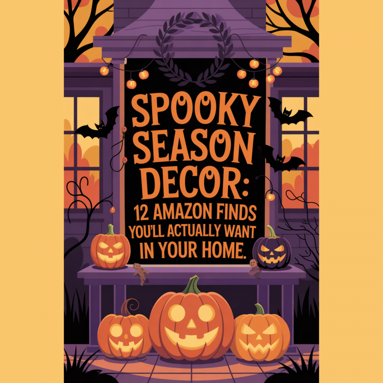 Graphic art of Halloween-themed decor including wreaths, pumpkins, and glowing lights, designed in a flat illustration style with bold text highlighting spooky season decor Amazon finds.