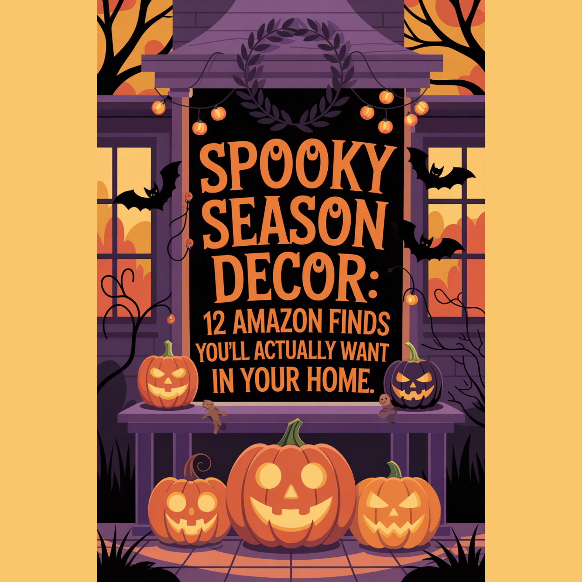 Graphic art of Halloween-themed decor including wreaths, pumpkins, and glowing lights, designed in a flat illustration style with bold text highlighting spooky season decor Amazon finds.