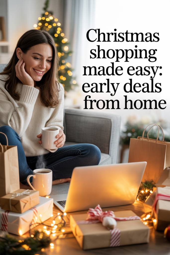 Woman shopping early deals online at home with Christmas lights glowing in the background, laptop open on table with wrapped gifts and holiday décor