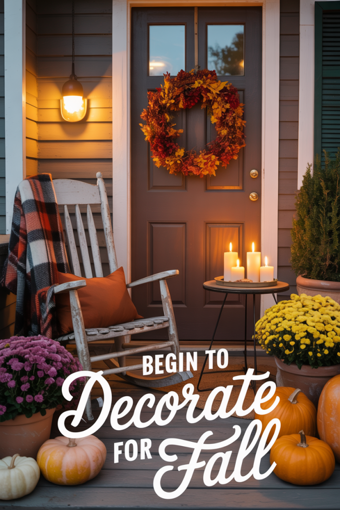 Warm fall home décor scene with plaid blankets, candles, and pumpkins—simple inspiration to begin to decorate for fall.