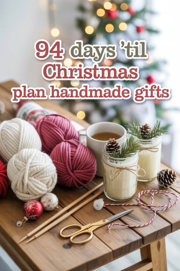 Flat lay of cozy handmade Christmas gift supplies including yarn, ornaments, sugar scrubs, and cocoa with festive text overlay “94 Days ’Til Christmas – Plan Handmade Gifts.