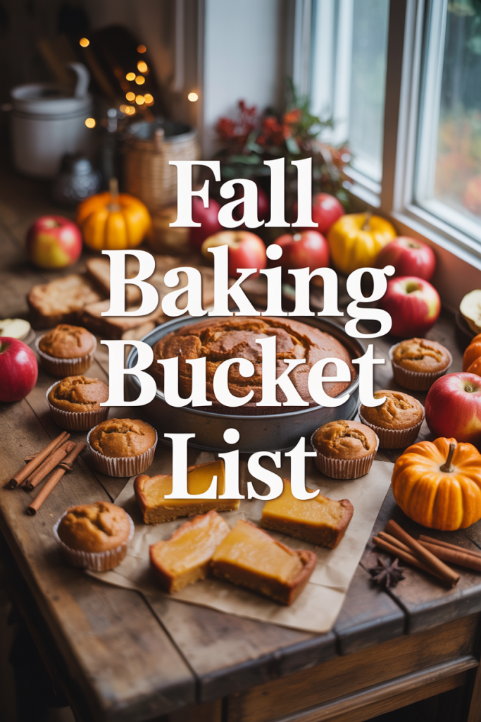 Flat lay of fall baking treats including pumpkin pie, muffins, apples, and a small pumpkin on a rustic wooden board with text overlay that says “Fall Baking Bucket List.