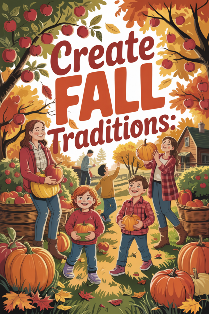 A cozy fall scene with families picking apples and children carrying pumpkins at a rustic pumpkin patch surrounded by colorful autumn leaves.