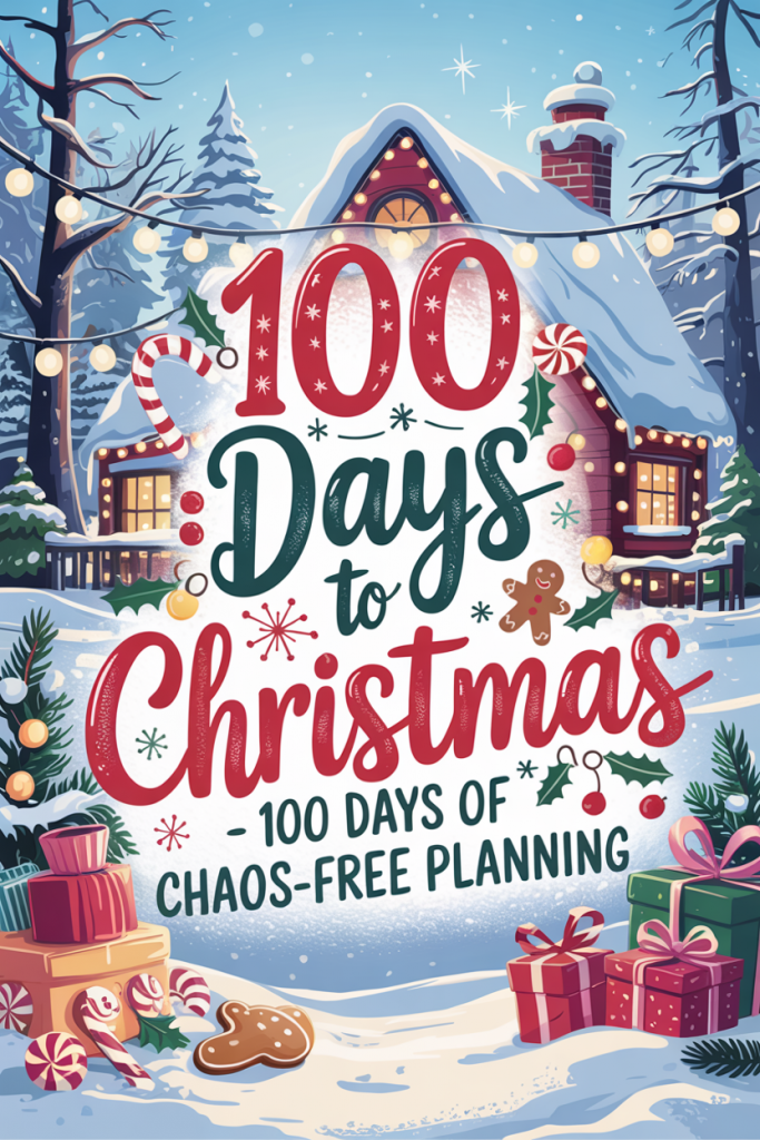 Festive holiday illustration of a snowy cabin with Christmas lights, presents, and candy canes featuring the text “100 Days to Christmas – 100 Days of Chaos-Free Planning.