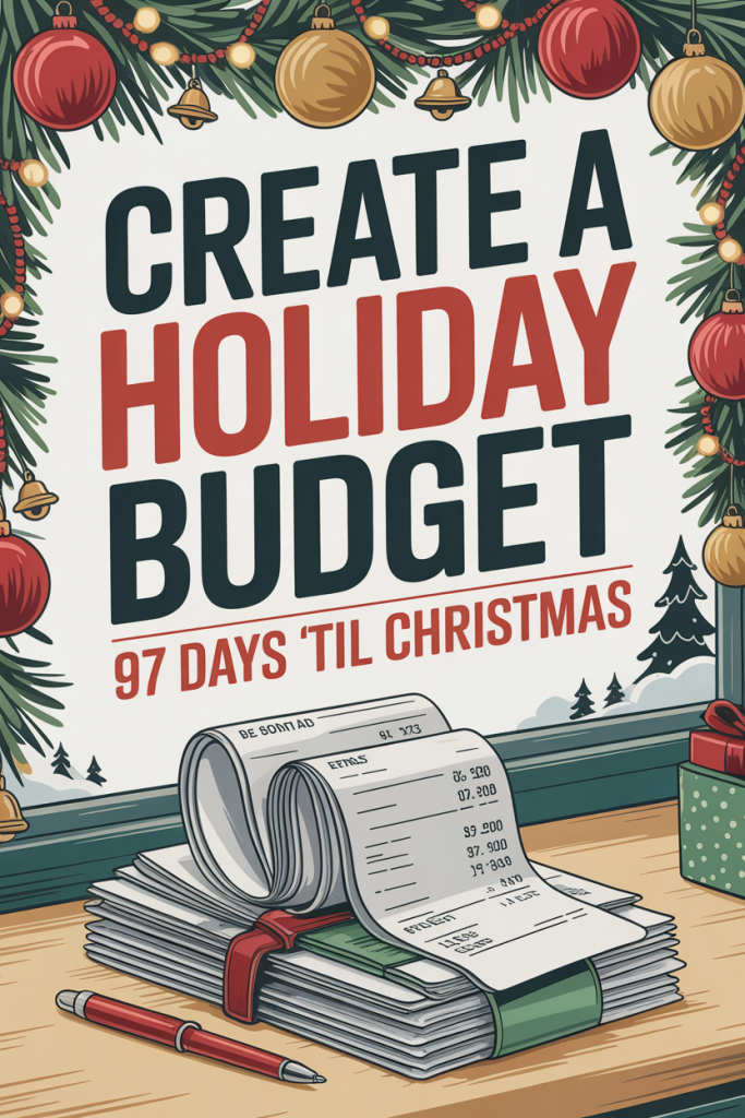 Illustrated holiday budget graphic with festive garlands, ornaments, and a stack of receipts, featuring the text “Create a Holiday Budget – 97 Days ’Til Christmas
