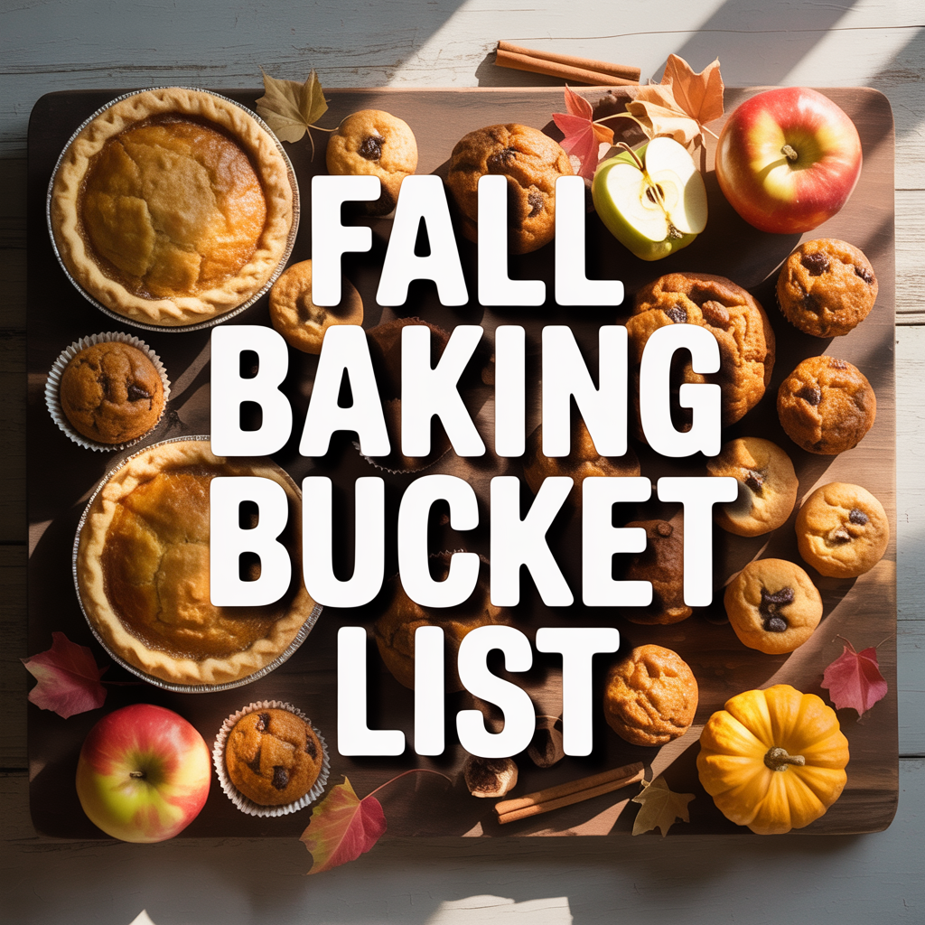 Flat lay of pumpkin pies, muffins, apples, and a small pumpkin on a wooden board with autumn leaves and cinnamon sticks. Bold text overlay reads “Fall Baking Bucket List.