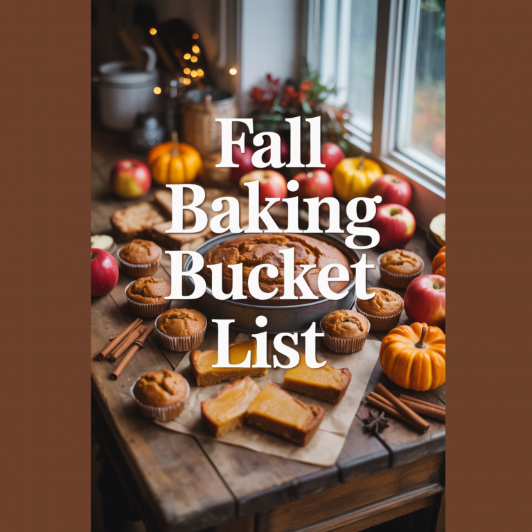 Rustic autumn kitchen scene with pies, muffins, apples, and seasonal decorations styled for fall baking. Large bold text overlay reads “Fall Baking Bucket List.
