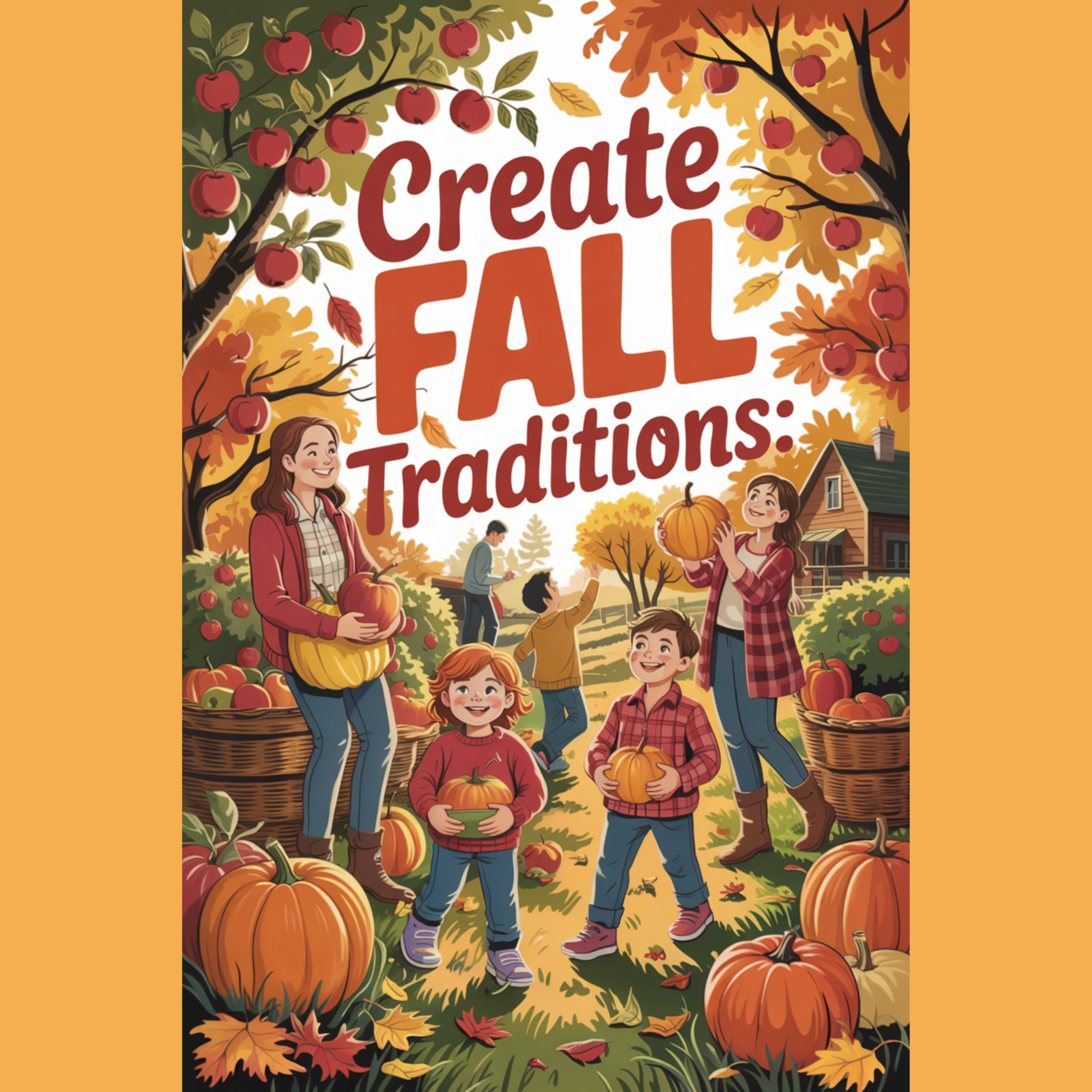 Golden autumn orchard with pumpkins and apples, families enjoying seasonal traditions under a warm fall sunset.
