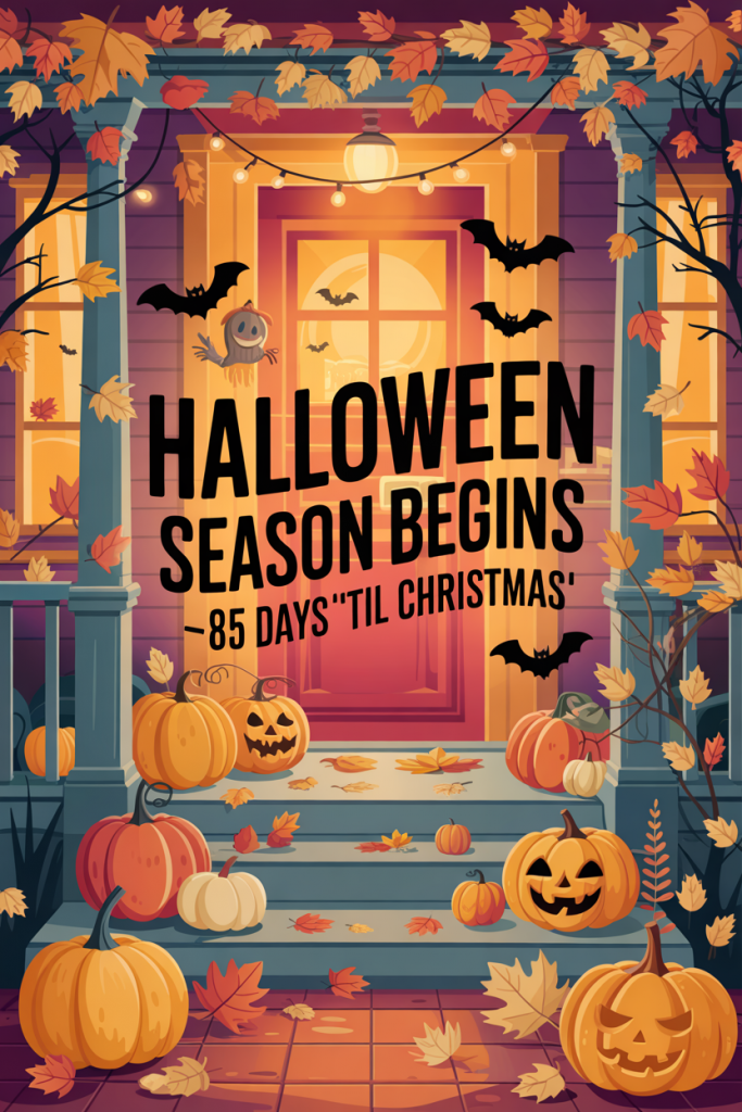 Illustrated fall porch decorated with pumpkins, bats, and glowing lights, text overlay reading “Halloween Season Begins – 85 Days 'Til Christmas.