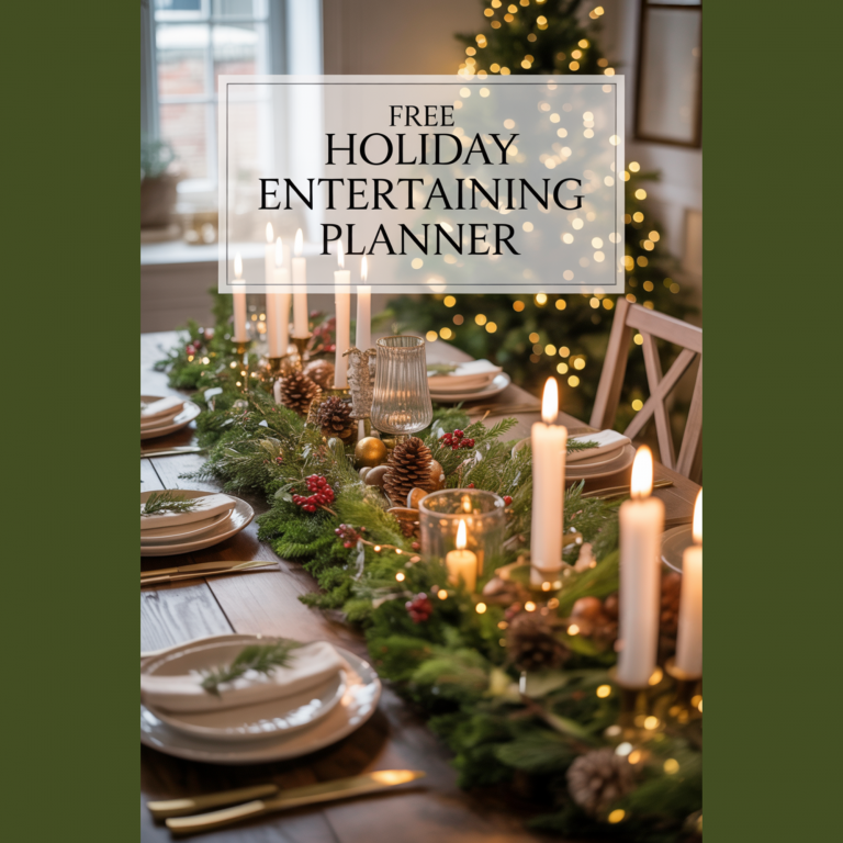 Beautiful holiday entertaining setup featuring a decorated dinner table with greenery, candles, and simple Christmas decorations