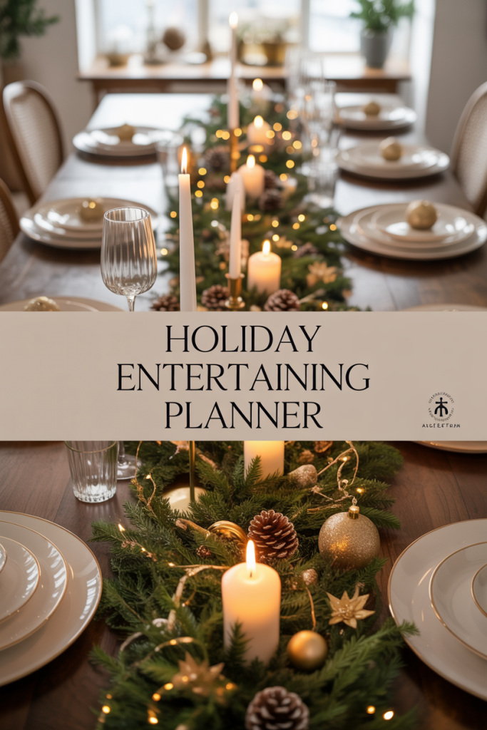 Holiday entertaining table set with candles, greenery, and festive décor for a Christmas party with warm, cozy lighting