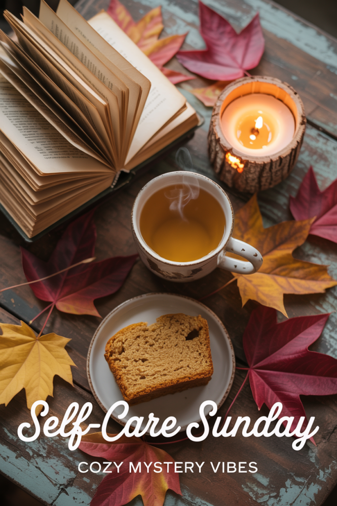 Cozy flat lay with an open mystery novel, a steaming mug of tea, a glowing candle, pumpkin bread on a plate, and autumn leaves scattered on a rustic wooden table. Text overlay reads: Self-Care Sunday #2: Cozy Mystery Vibes.