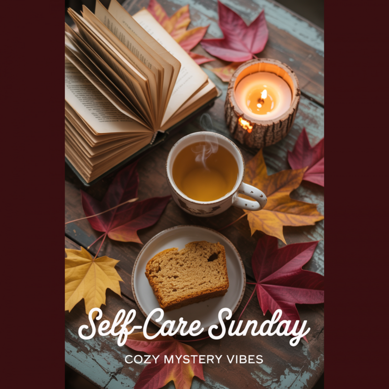 Warm autumn scene featuring a book, candle, tea, and pumpkin bread on a wooden table with fall leaves, styled to highlight cozy mystery vibes. Text overlay says: Self-Care Sunday