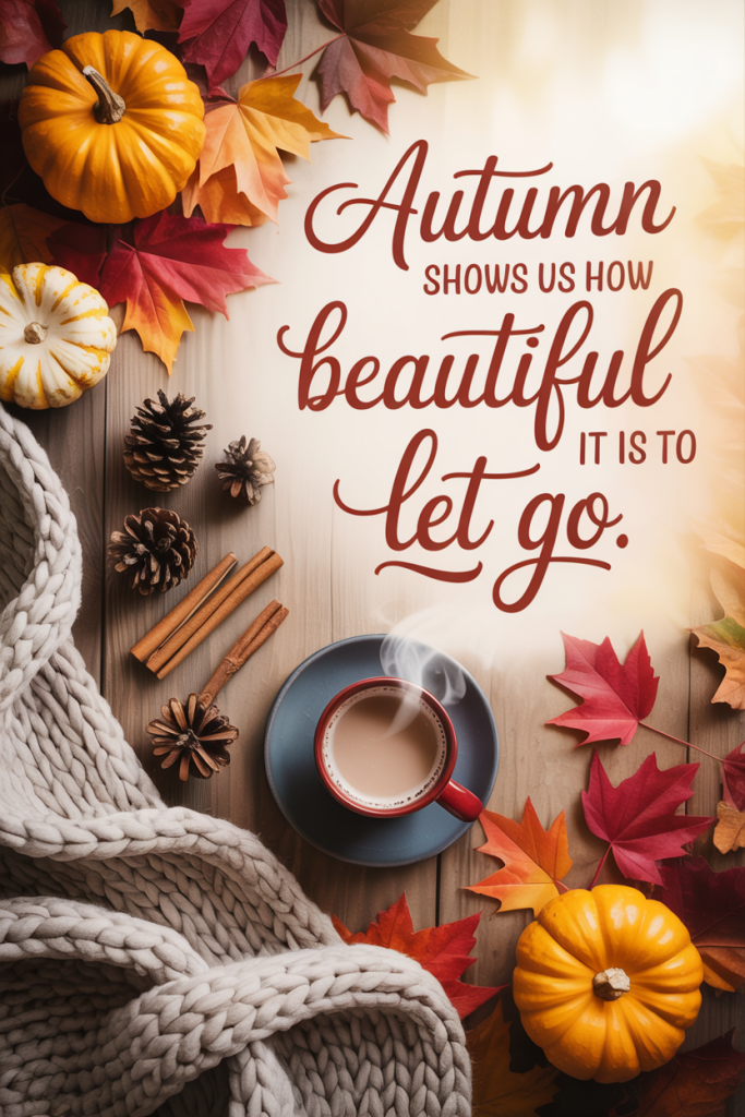 Pumpkins and fall leaves with text overlay: Autumn shows us how beautiful it is to let things go.