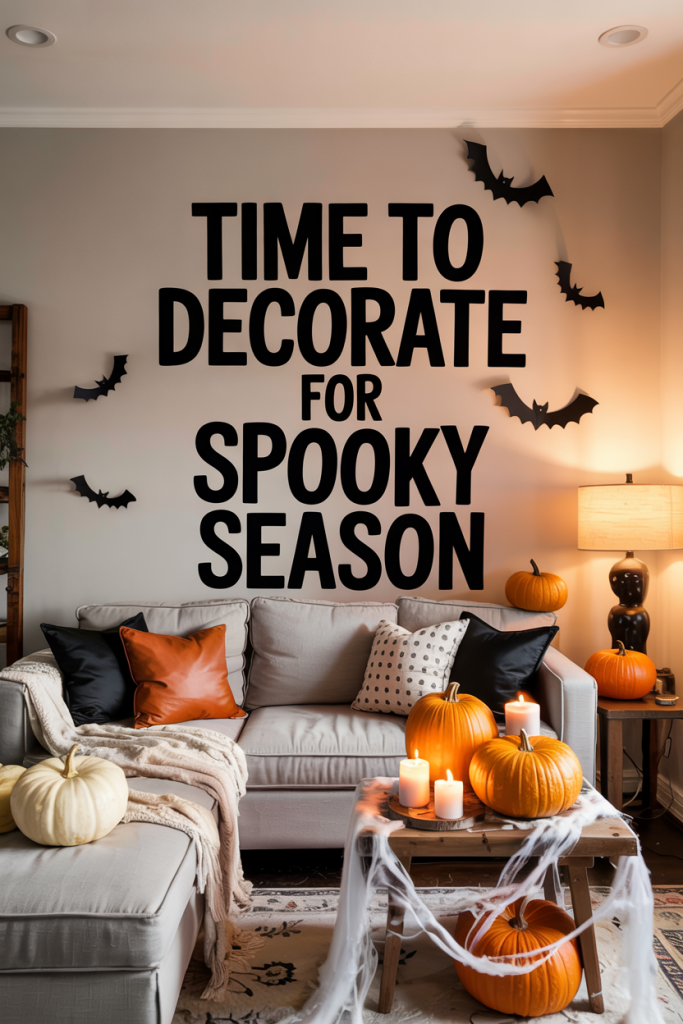 Cozy living room decorated for spooky season with pumpkins, bats on the wall, candles, and a throw blanket, with text overlay that reads “Time to Decorate for Spooky Season”