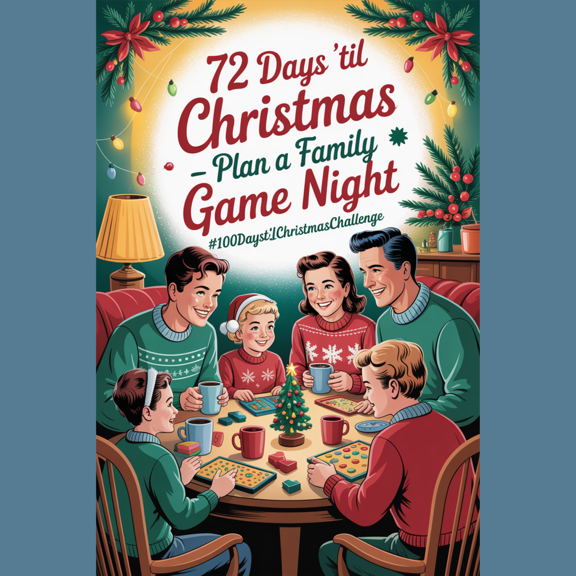 family game night: A cozy 1950s-style illustration of a family gathered around a table playing board games on a winter evening, with cocoa mugs, twinkle lights, and a small Christmas tree in the background.